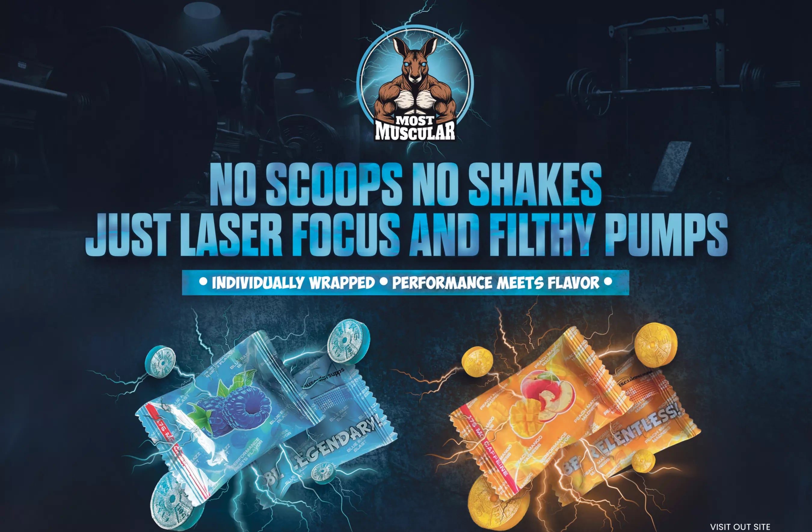 Advertisement for a supplement product most muscular pre workout gummies with packaging and text on a dark background