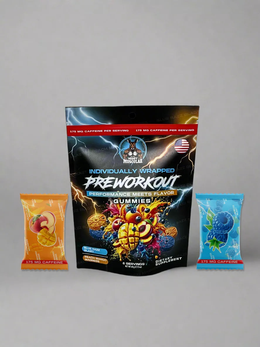 HD image of six count pack of pre-workout gummies package with individually wrapped gummies on a gray background
