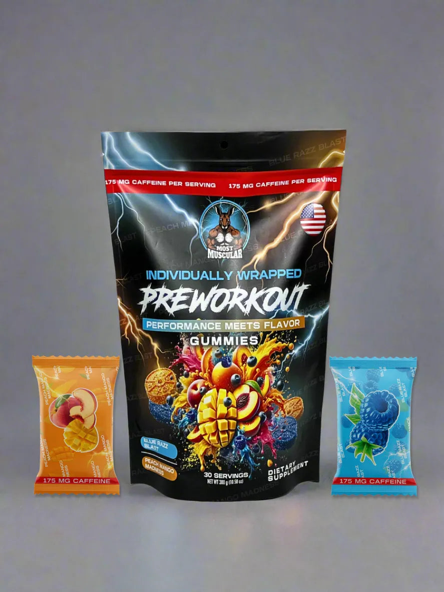 HD image of pre-workout gummies packaging with two individually wrapped gummies on a gray background