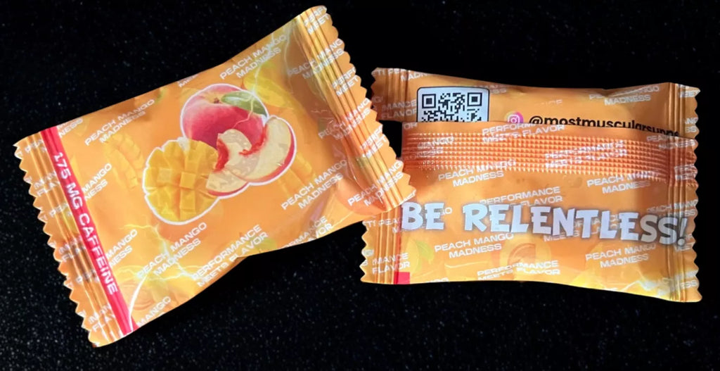 Close-up of a single serving packet of Peach Mango Madness flavored pre-workout gummies from Most Muscular, highlighting the flavor graphics and "Be Relentless!" slogan.