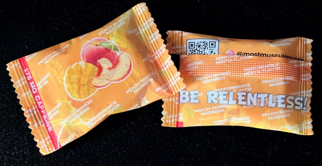 Close-up of a single serving packet of Peach Mango Madness flavored pre-workout gummies from Most Muscular, highlighting the flavor graphics and "Be Relentless!" slogan.